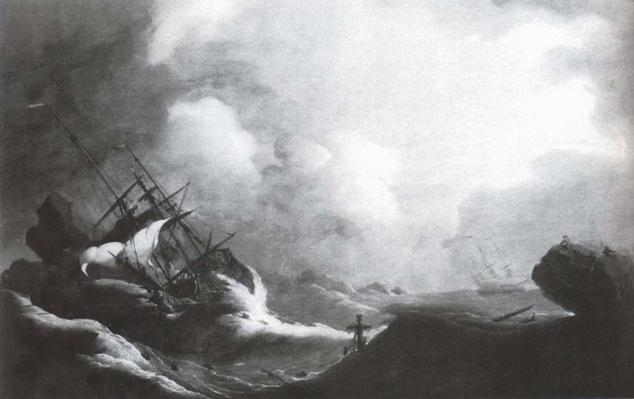 A ship running on to rocks in a violent storm
